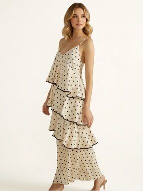 MINKPINK Ada Midi Dress Size 2 Crème and Black Polka Dot Side Split Feminine